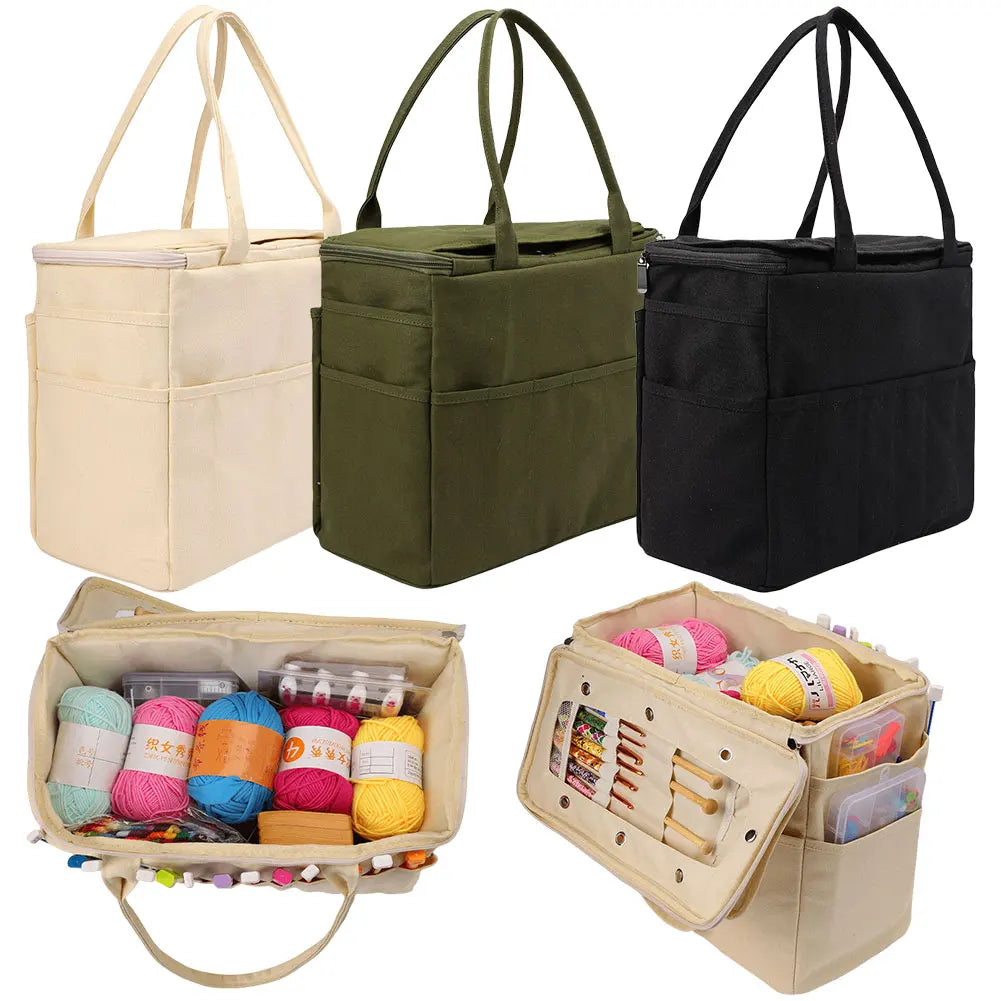 Canvas Yarn Storage Bag Large Capacity Knitting/Crochet Bag with Multi-layer Pockets Yarn Holder for Hooks Knitting Needles