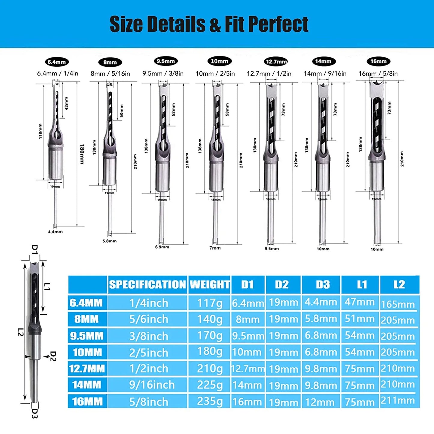 7 Pcs Woodworking Square Drill Bits