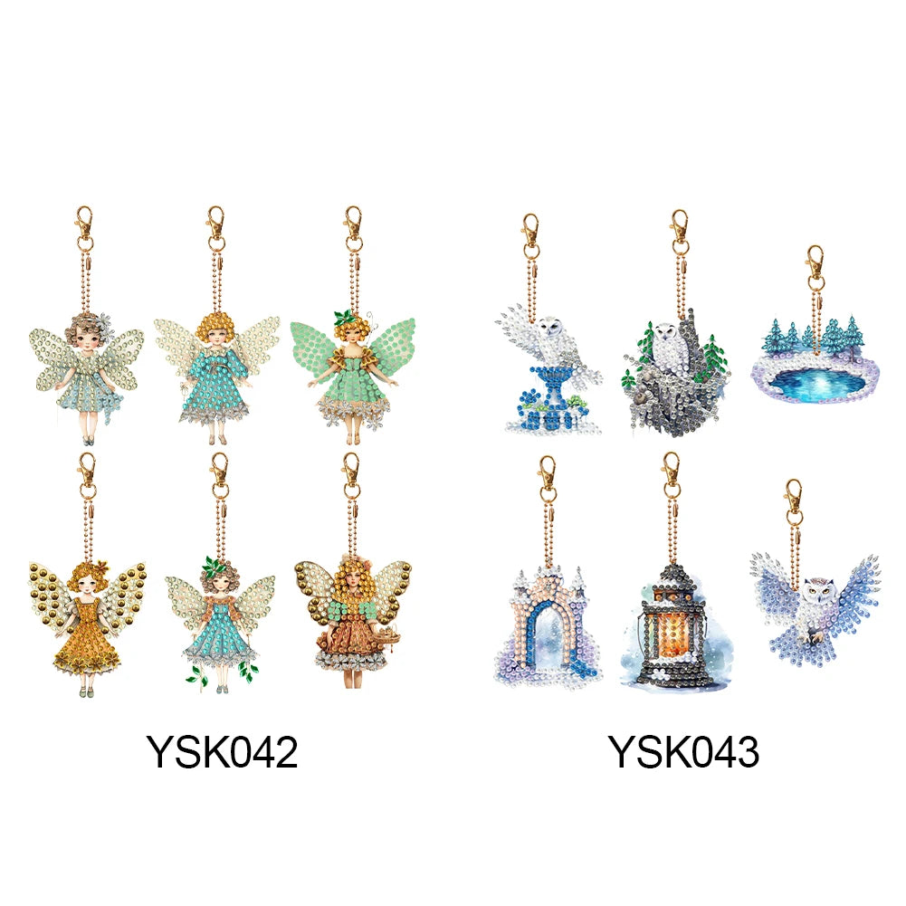 6 Pcs  Double Sided Diamond Painting Art Keychain