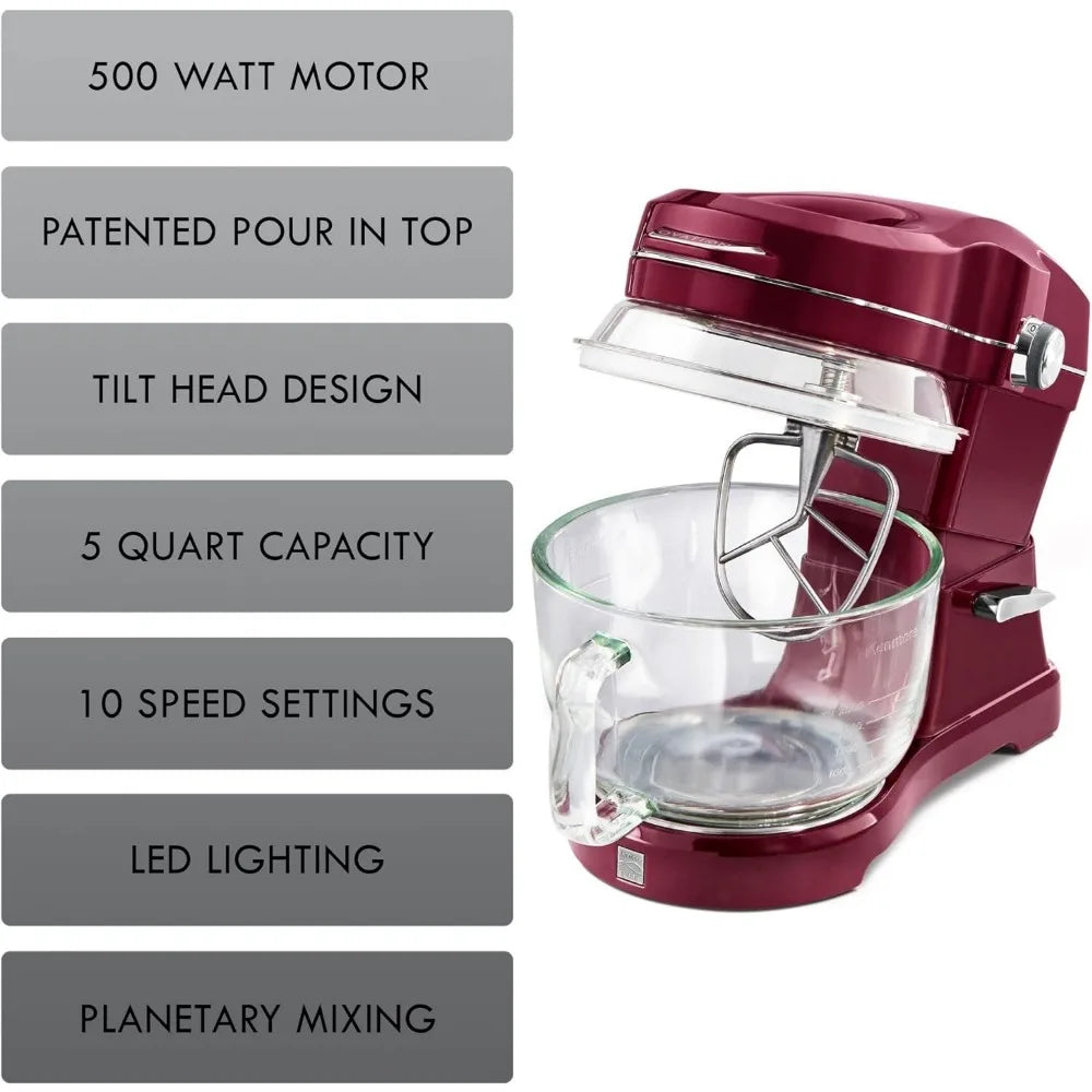 5 Qt Stand Mixer, 10-Speed Motor, 360-Degree Splash Guard, Glass Bowl with Lid, Red