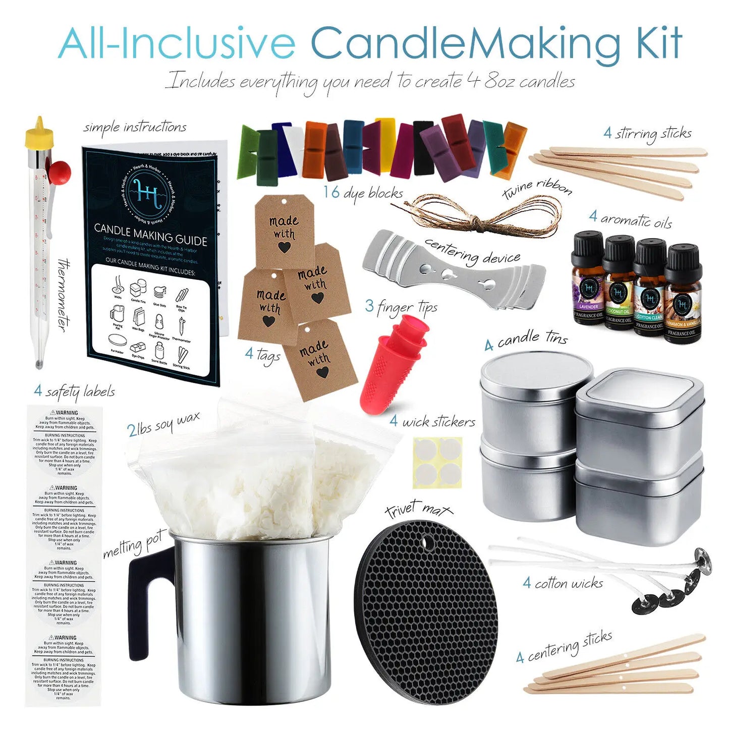 Candle Making Kit, Soy Wax, 16 Color Dyes, Thermometer, Tins, Wicks, Melting Pot