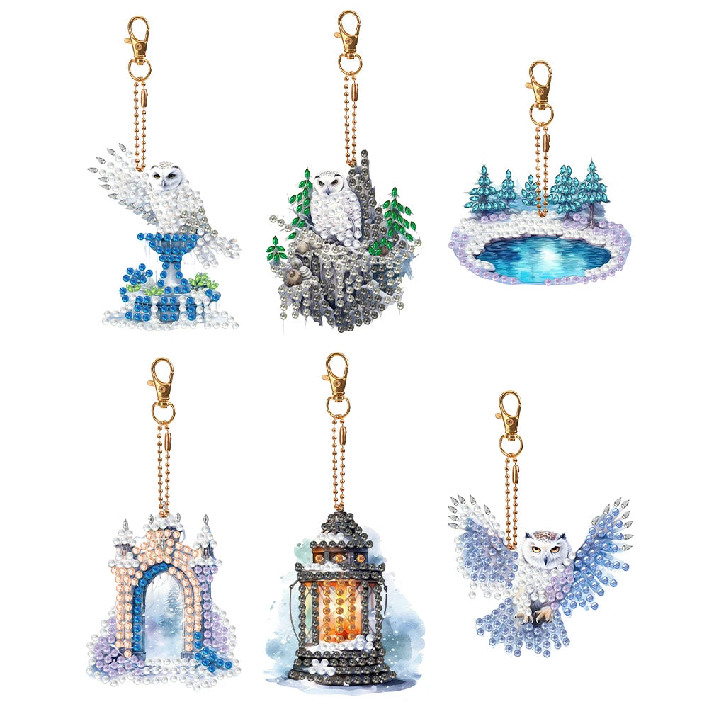 6 Pcs  Double Sided Diamond Painting Art Keychain