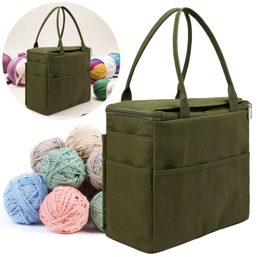 Canvas Yarn Storage Bag Large Capacity Knitting/Crochet Bag with Multi-layer Pockets Yarn Holder for Hooks Knitting Needles